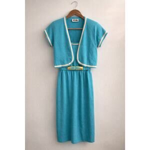 Vintage St John Marie Gray Turquoise Knit Dress & Bolero Set Belt USA Sz S